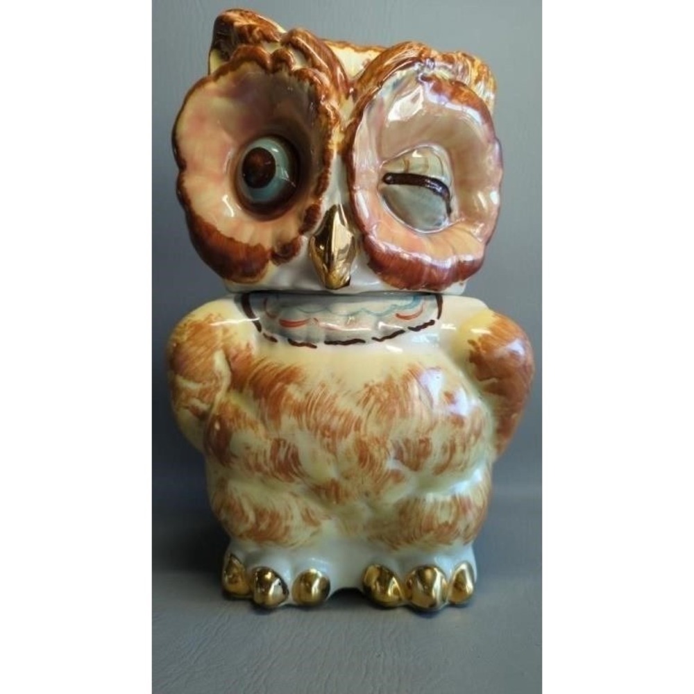 Vintage Shawnee Pottery Winking Owl Cookie Jar with Gold Trim Marked USA